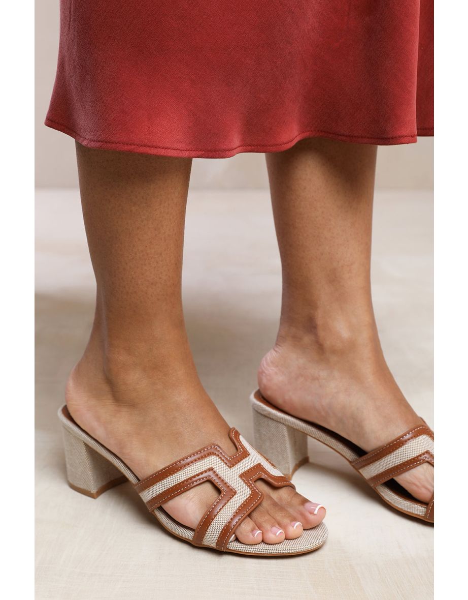 DRAMA CUT OUT STRAP BLOCK HEEL SANDALS IN TAN FAUX LEATHER