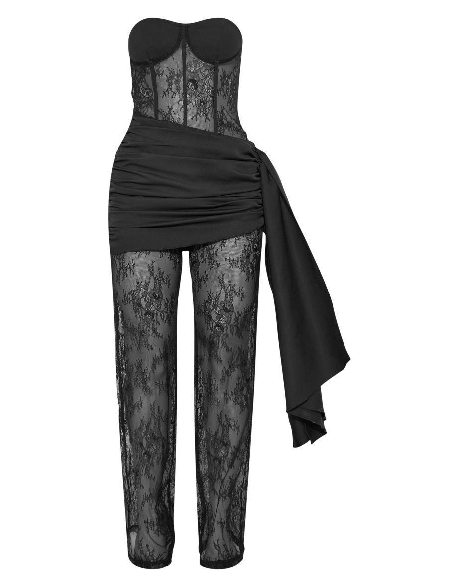 Black Lace Wrap Tie Bandeau Jumpsuit - 4
