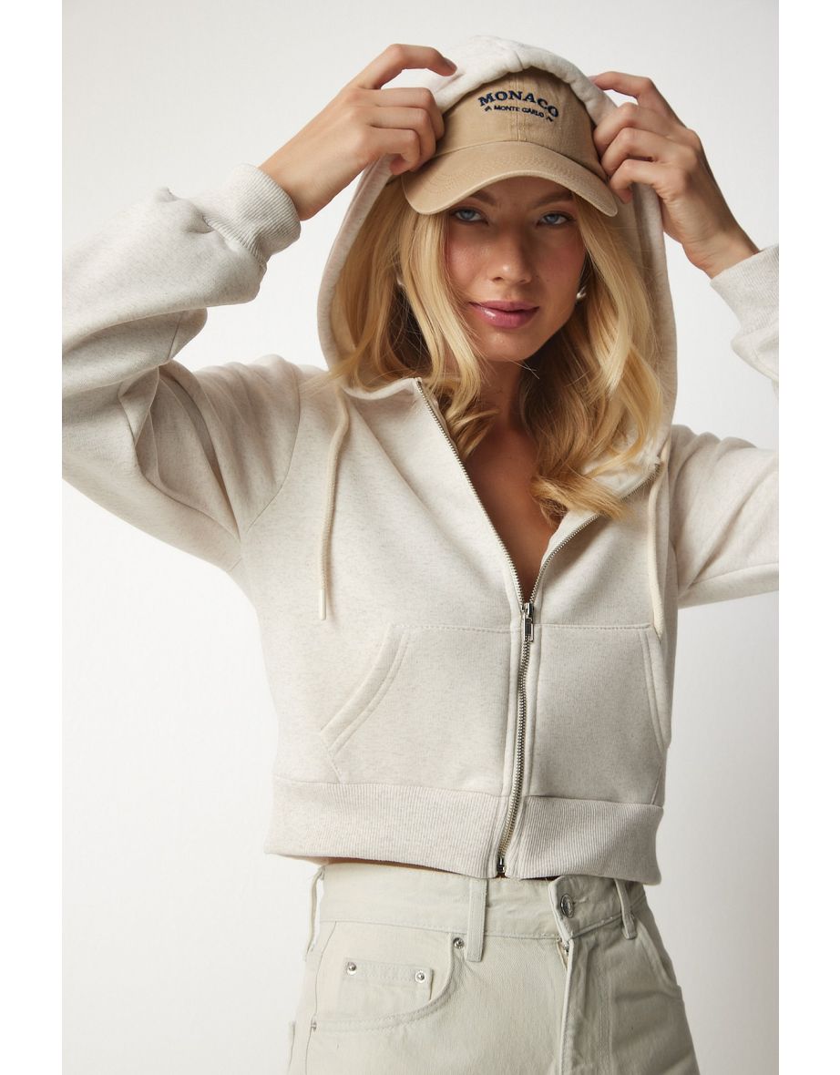 Shop Women s Beige Hoodie with Zipper and Crop Sweatshirt Online in Iraq VogaCloset