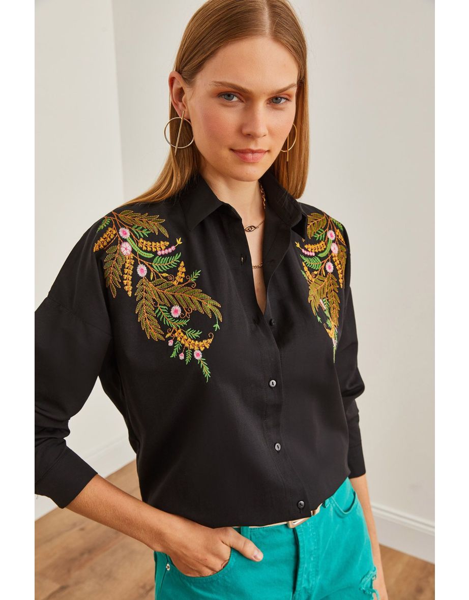 Women's Leaf Black Embroidery Detailed Oversize Woven Shirt