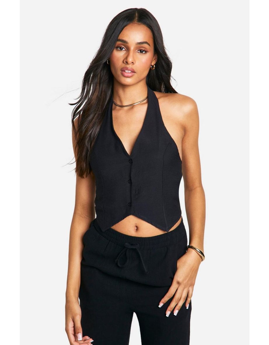 Tall Woven Textured Halterneck Waistcoat Top - black