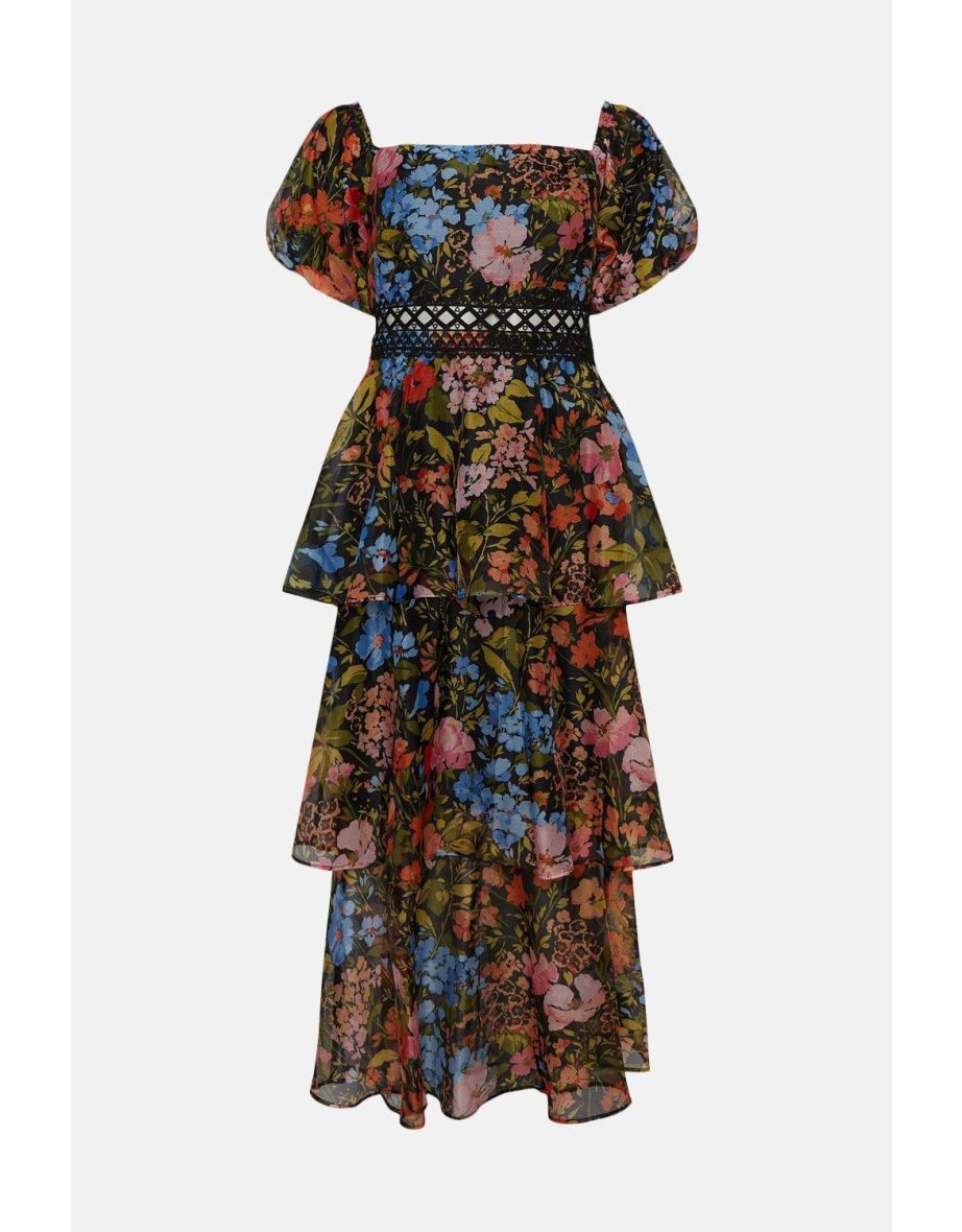 Floral Bardot Organza Tiered Midi Dress - 3
