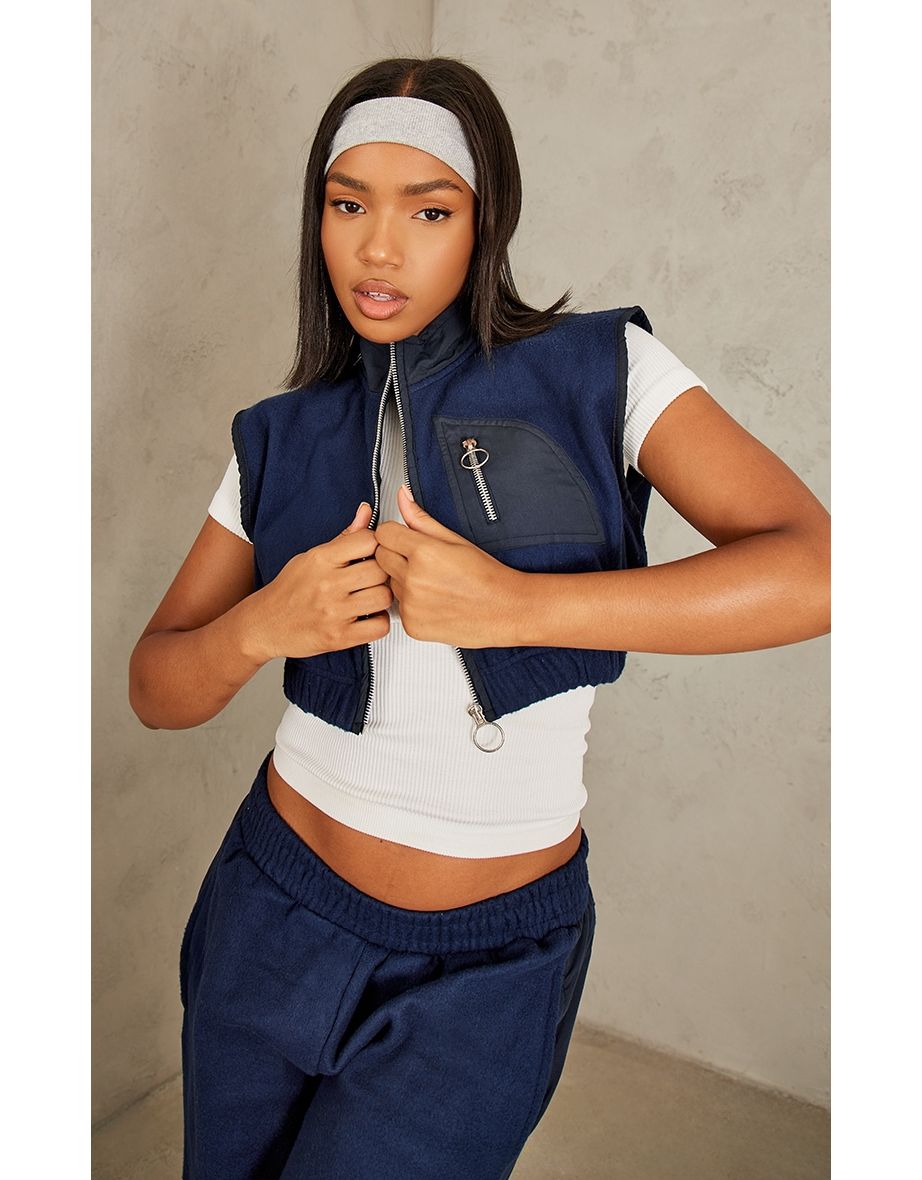 Navy Fleece Contrast Pocket Cropped Gilet