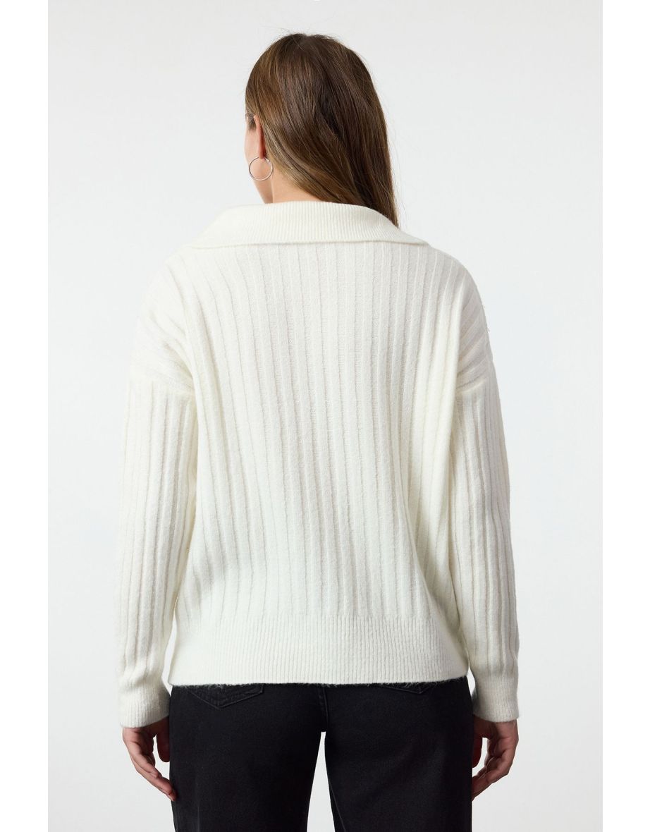 Ecru Soft Texture Polo Neck Knitwear Sweater - 4