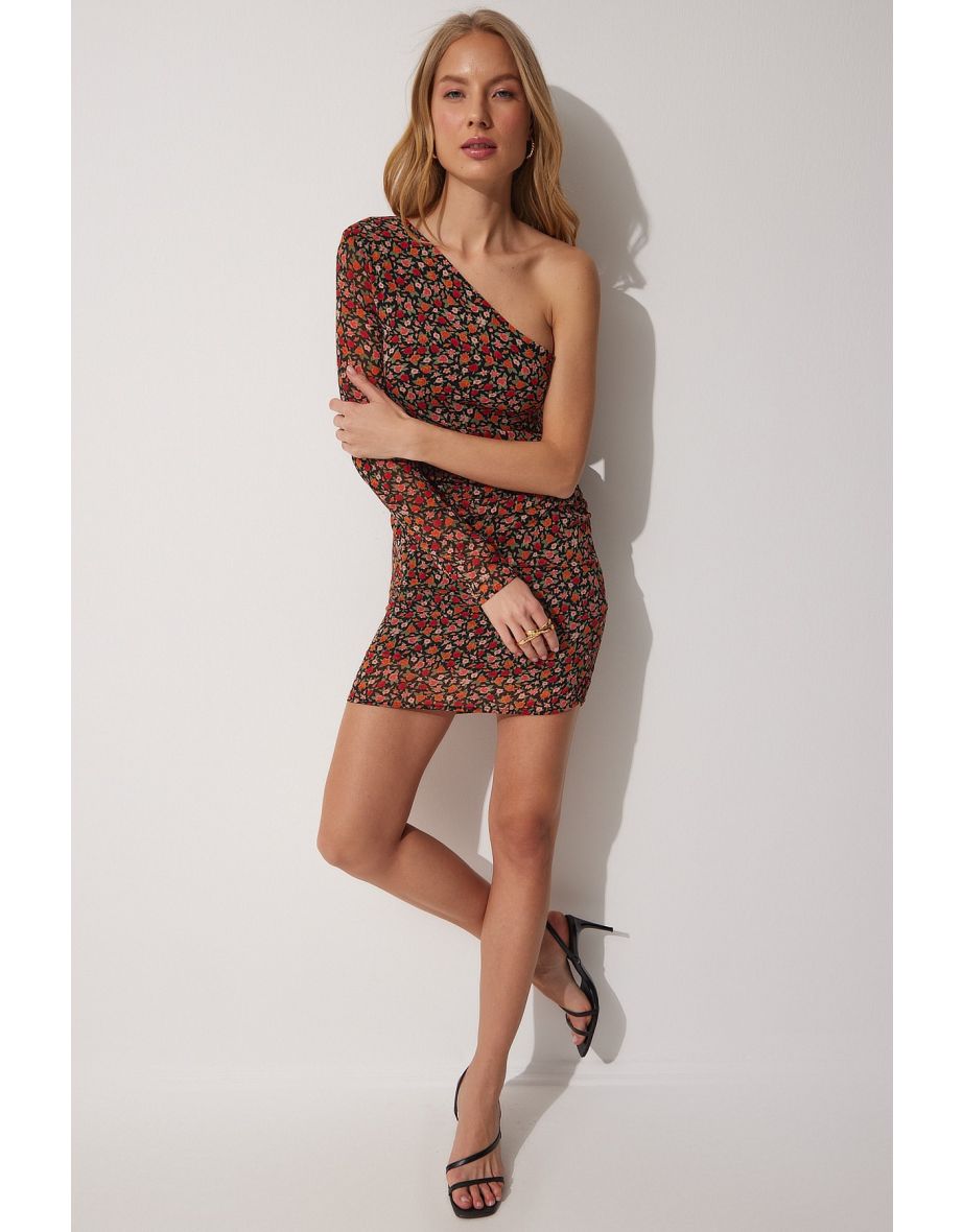 Women's Green Black Floral One-Shoulder Chiffon Dress