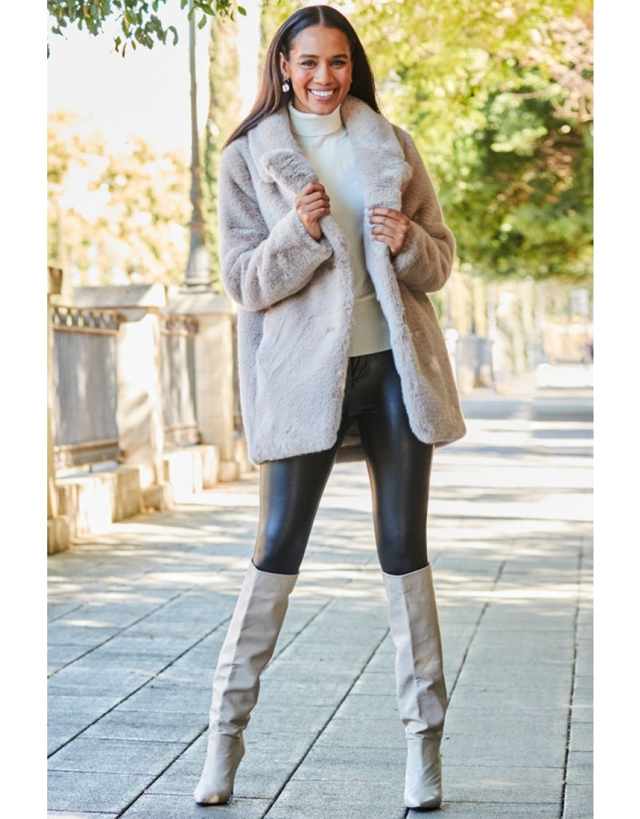Taupe Premium Faux Fur Coat With Button Detail - 4