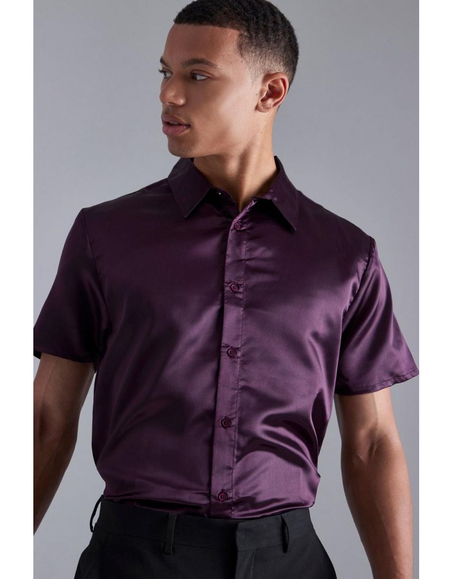 Tall Short Sleeve Satin Shirt - purple - 2