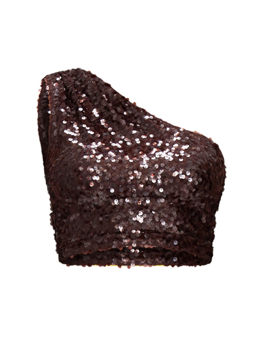 Dark Brown Sequin Mesh One Shoulder Top - 4