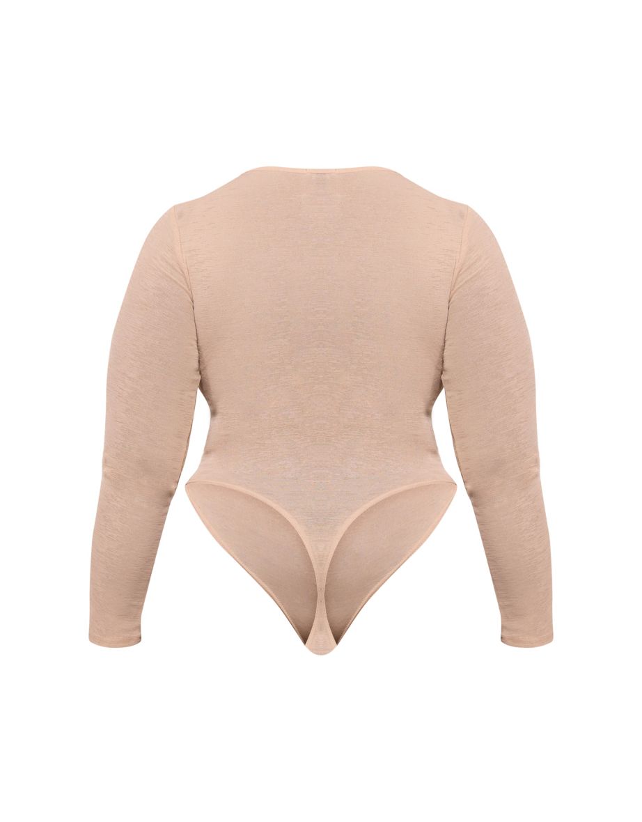Plus Beige Burn Out Mesh Long Sleeve Crew Neck Bodysuit - 4