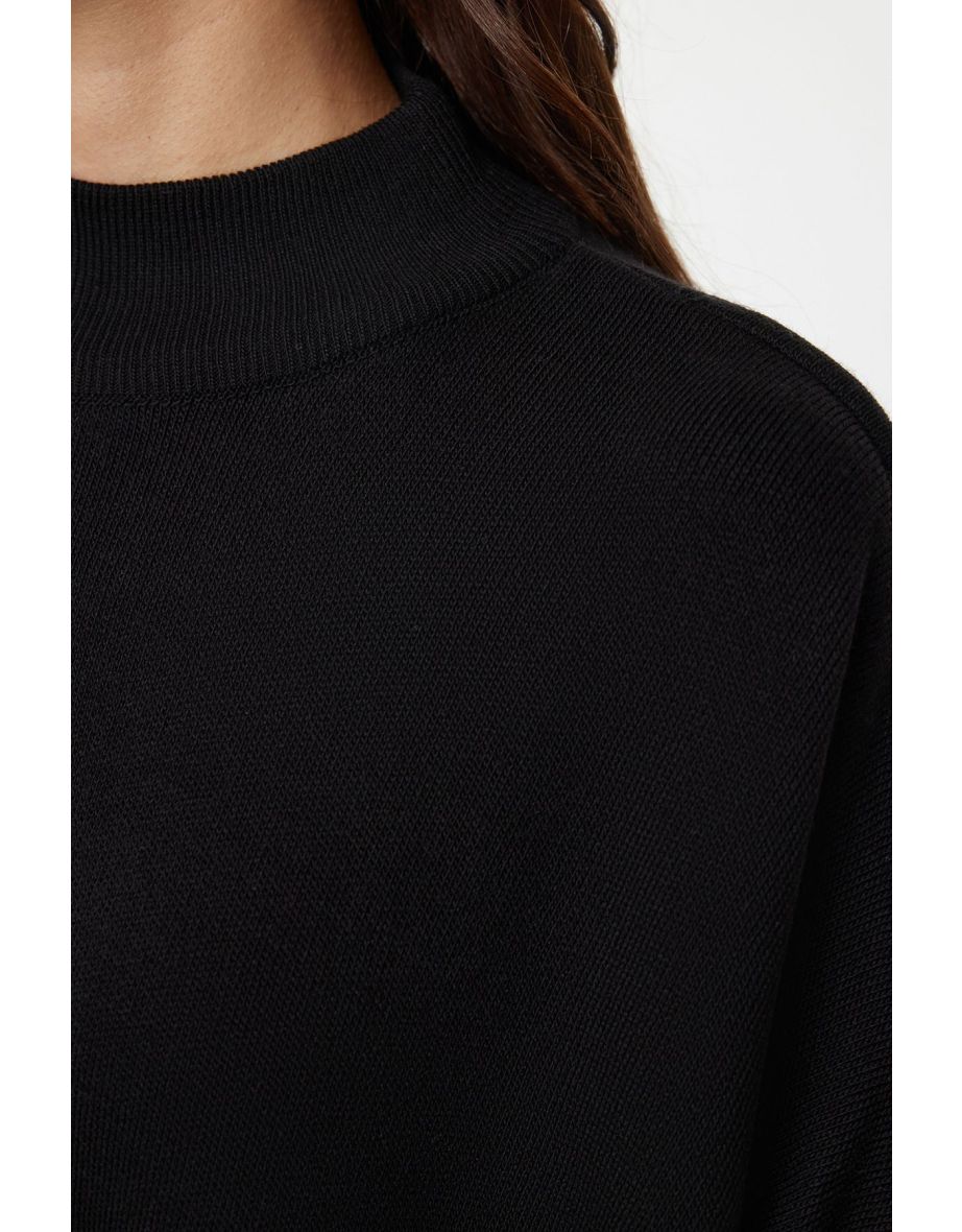 Black Wide Neck Stand Collar Knitwear Sweater - 5