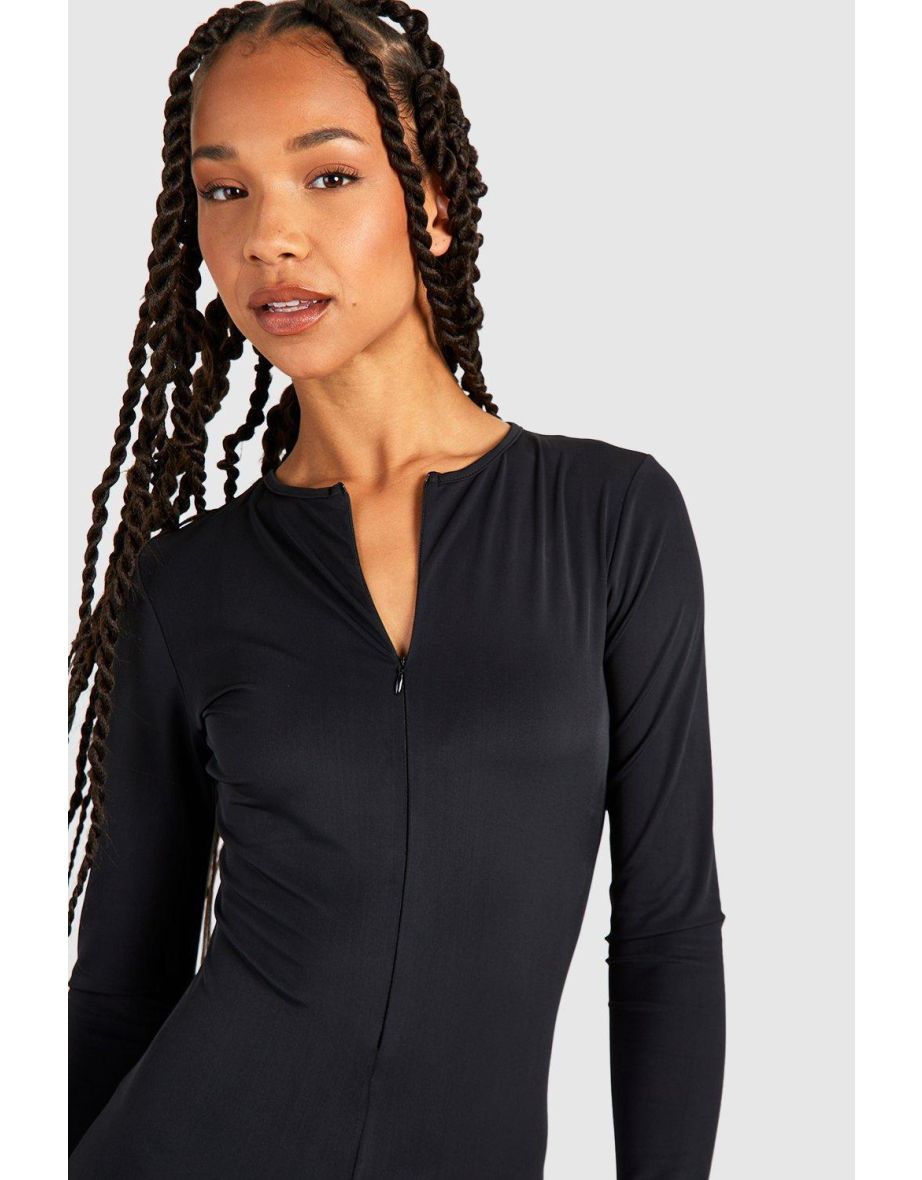 Tall Premium Matte Slinky Zip Front Long Sleeve Unitard - 3