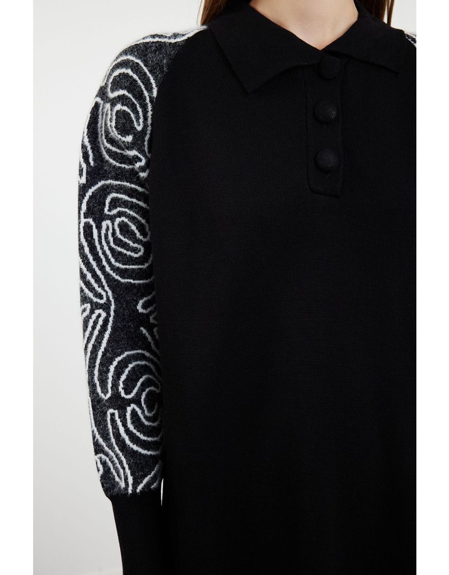 Black Polo Neck Sleeves Patterned Knitwear Dress - 6
