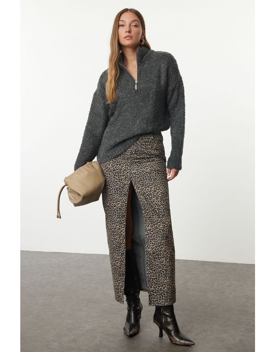 Anthracite Boucle Yarn Stand Collar Knitwear Sweater