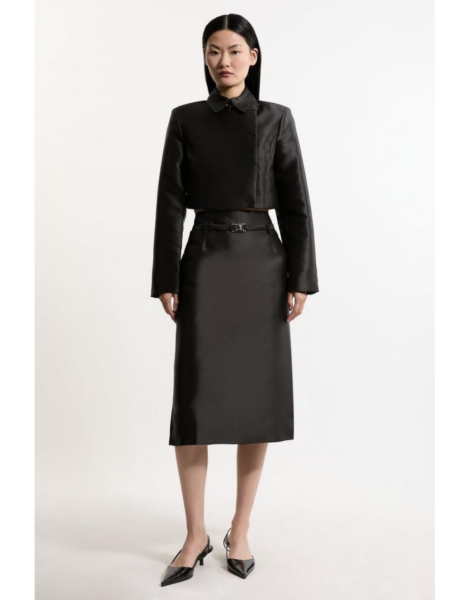 The Founder Satin Twill Belted Tailored Midi Skirt