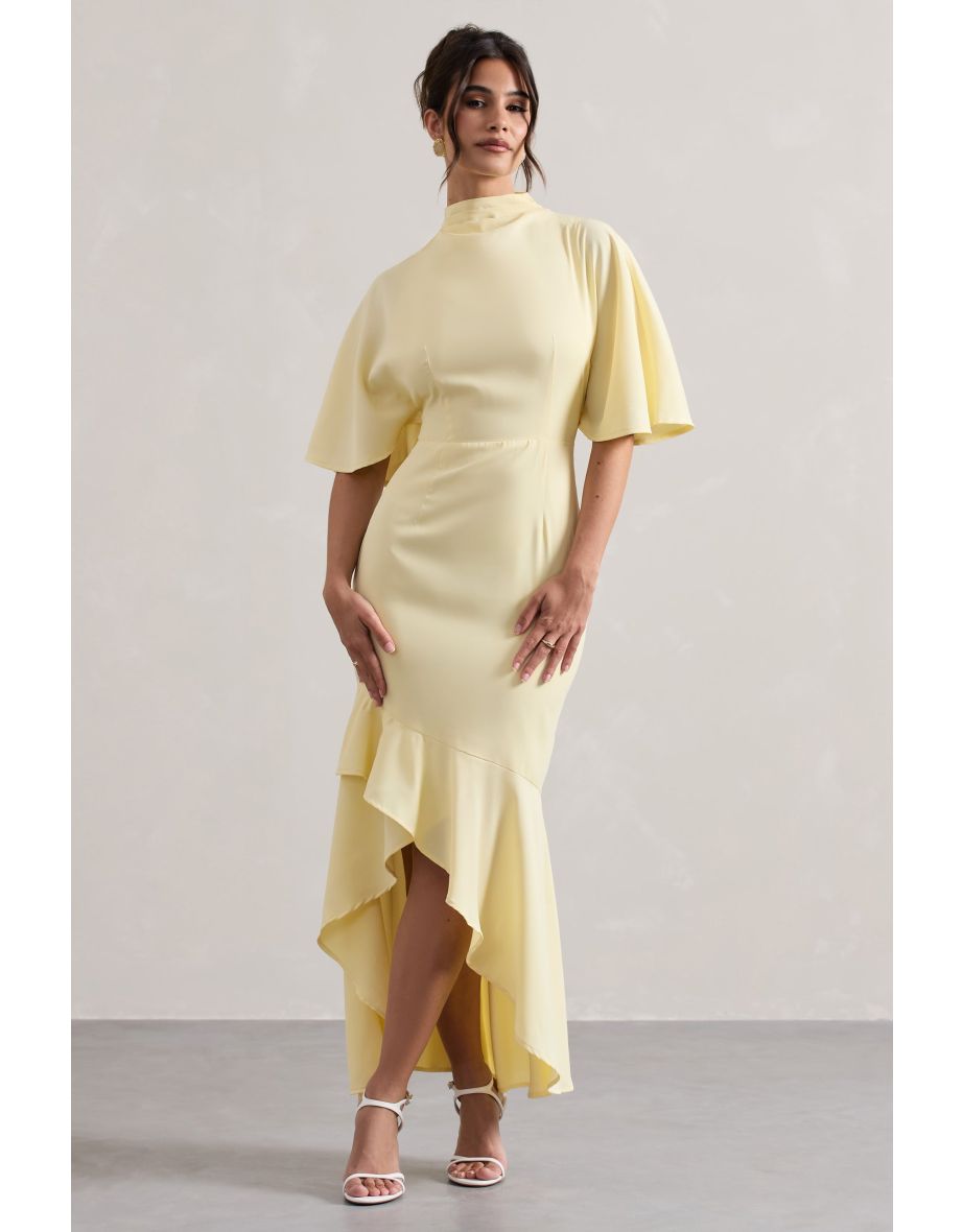 Shop Lavinia Pastel Yellow High Neck Flutter Sleeve Asymmetric Maxi Dress Online in Bahrain VogaCloset