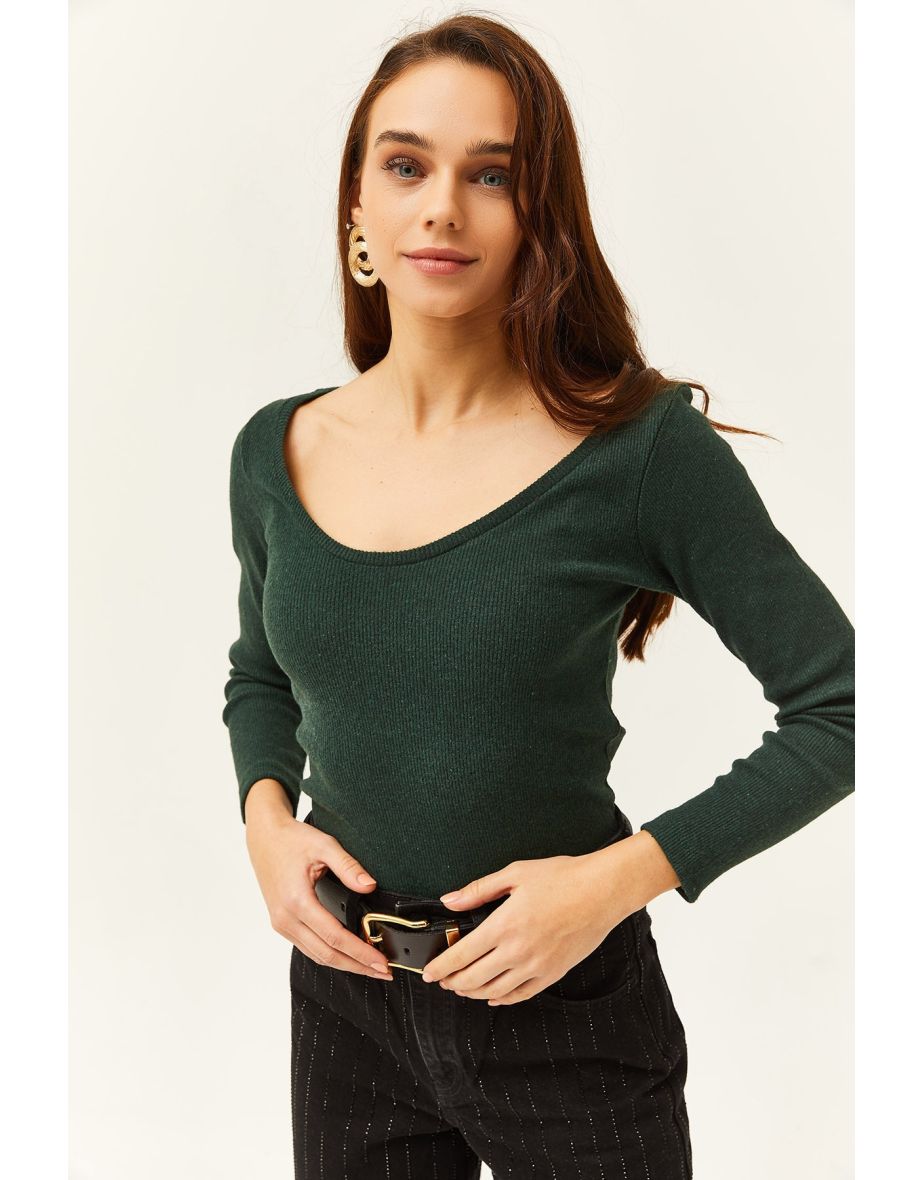 Women's Emerald Green Pool Neck Raised Lycra Blouse