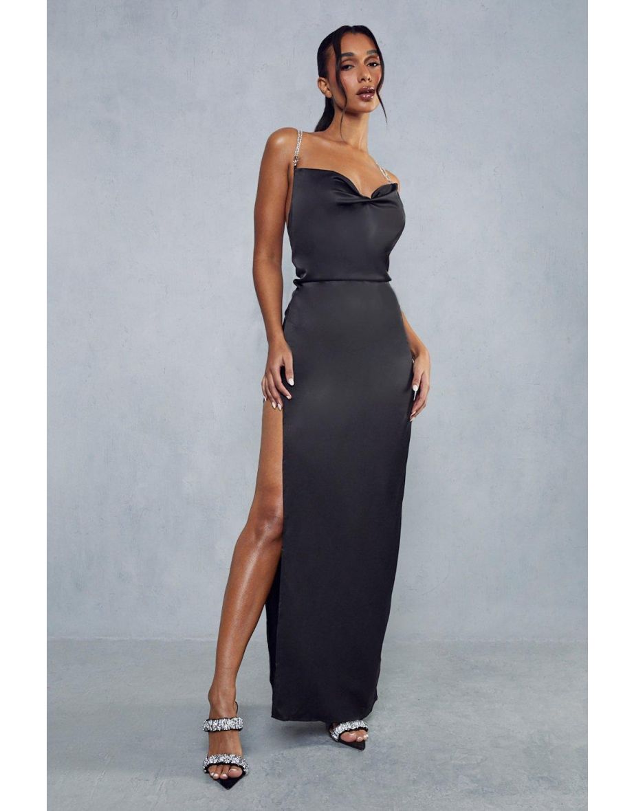 Premium Satin Cowl Neck Diamante Backless Maxi Dress