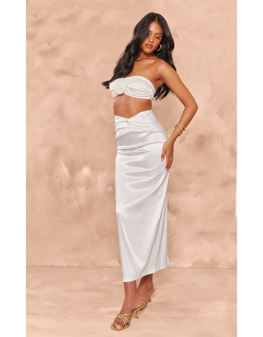 Tall White Satin Flower Detail Bandeau Top