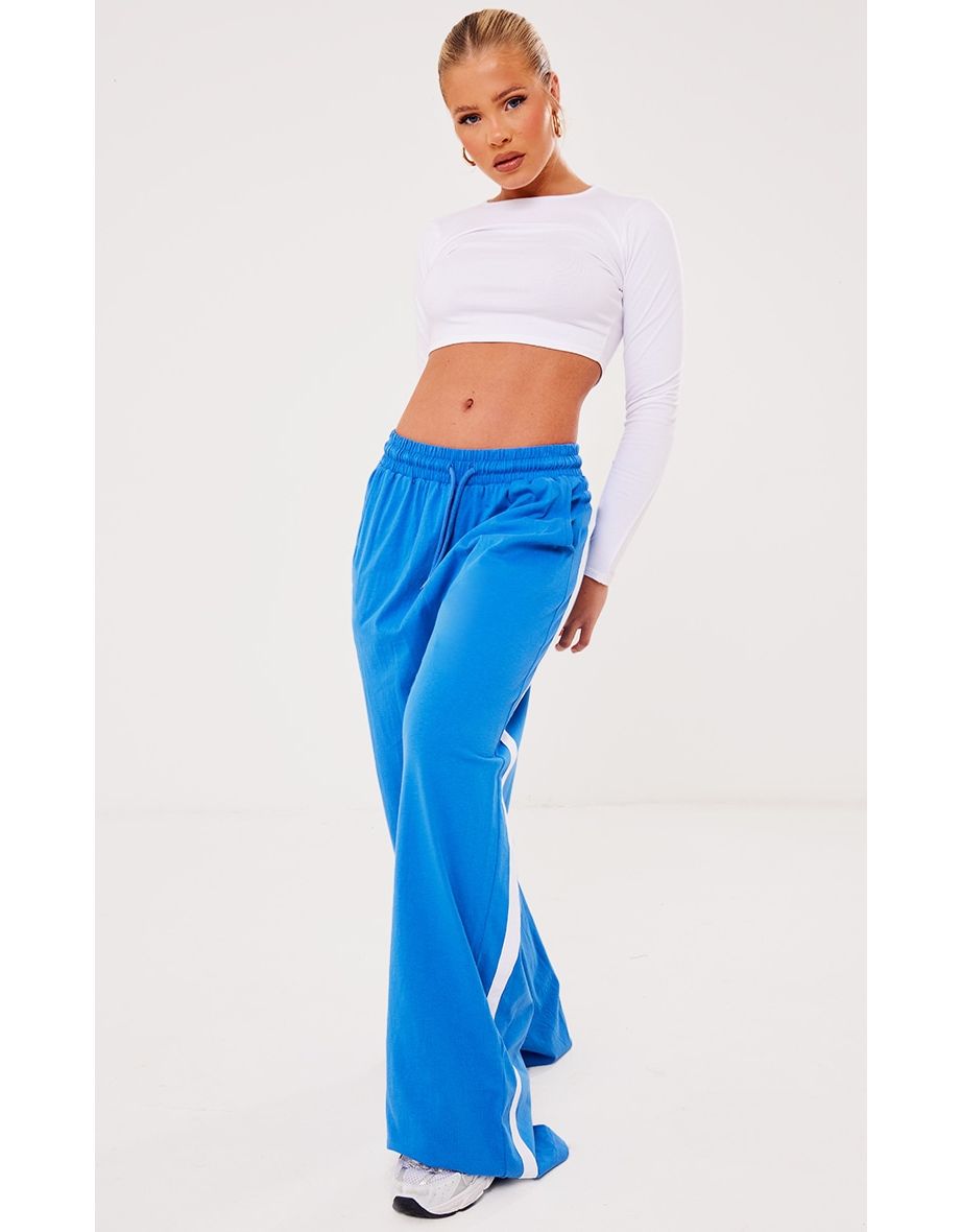 Blue Cotton Side Stripe Wide Leg Joggers
