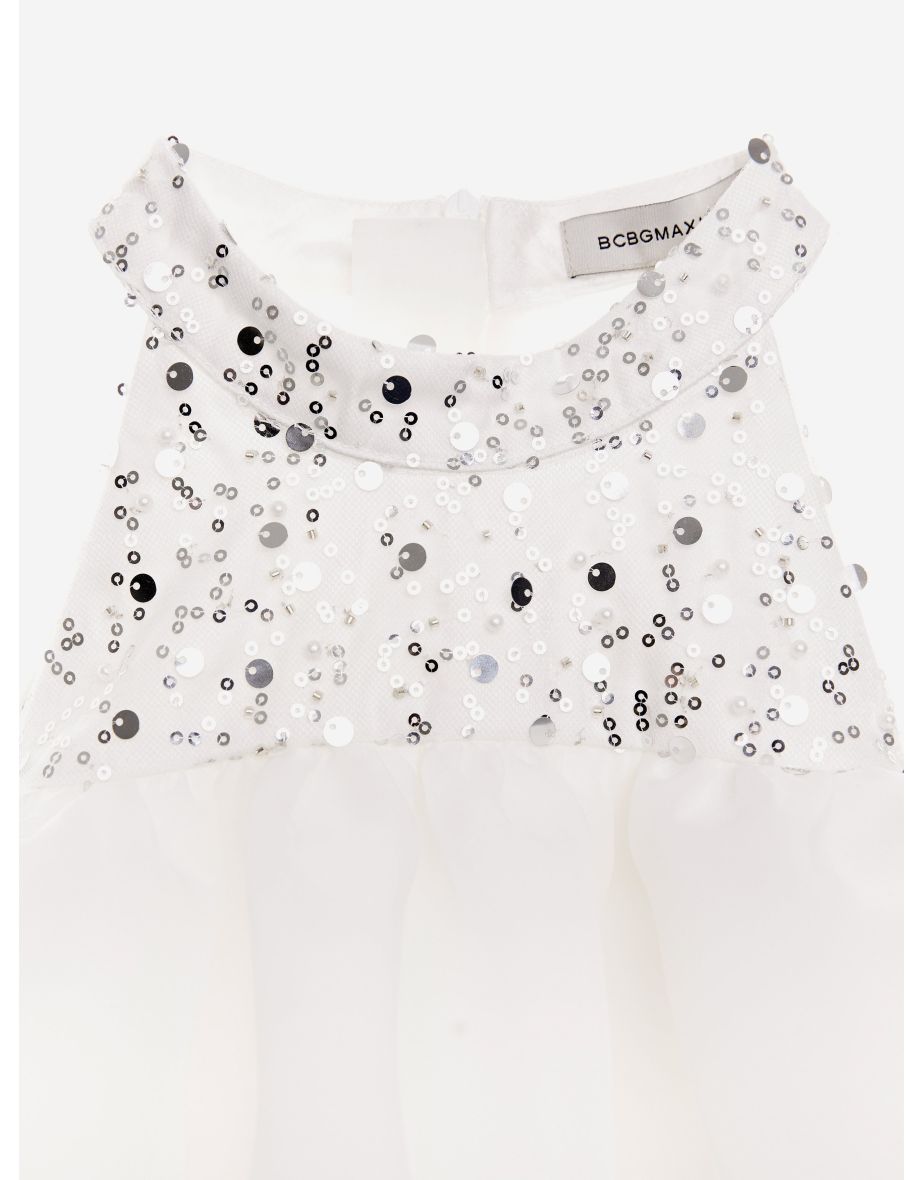 Girls Beaded Neck Satin Dress With Ruffles in White - 3