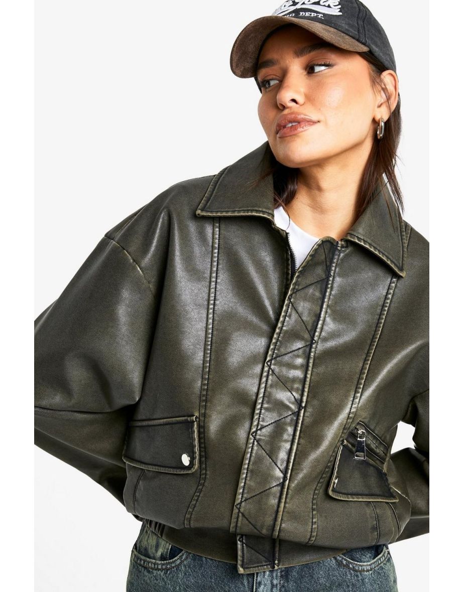 Tall Vintage Look Faux Leather Bomber Jacket - vintage wash - 3