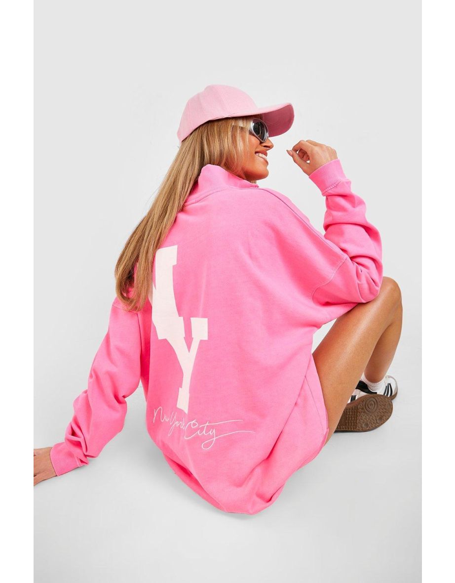 Shop Ny Back Print Half Zip Oversized Sweatshirt neon pink Online in Qatar VogaCloset