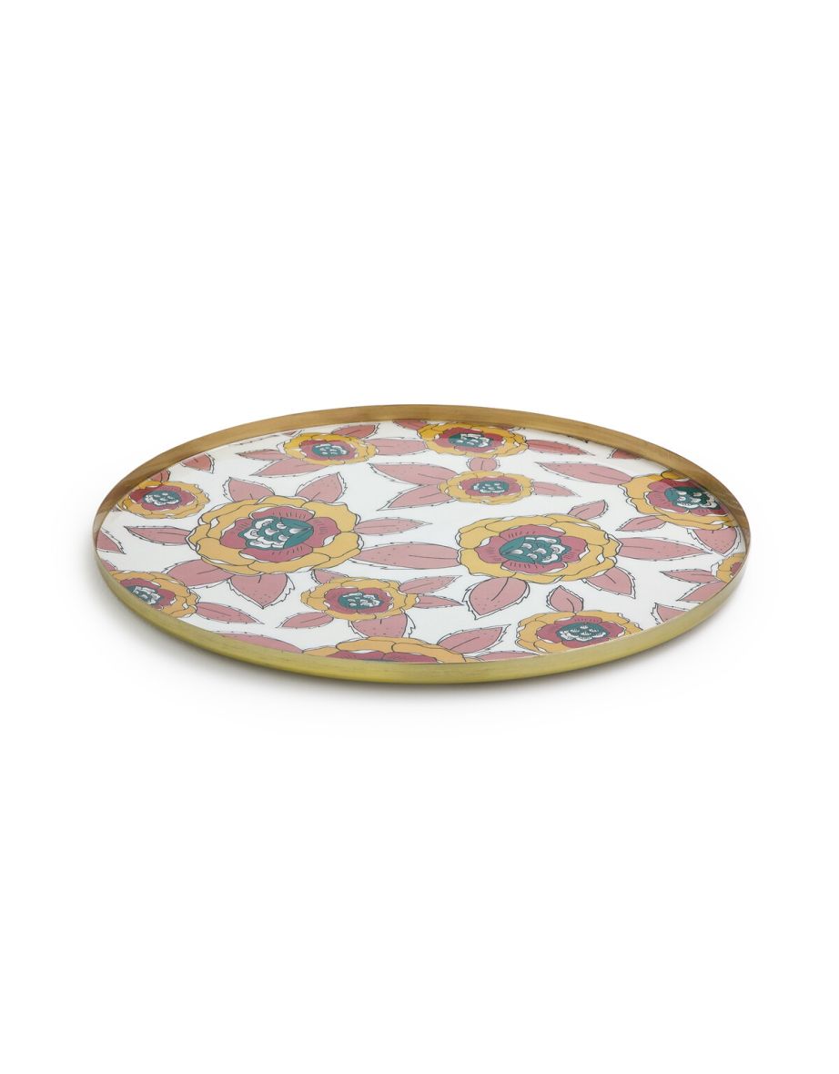 Chandi Round Floral Printed Metal Tray