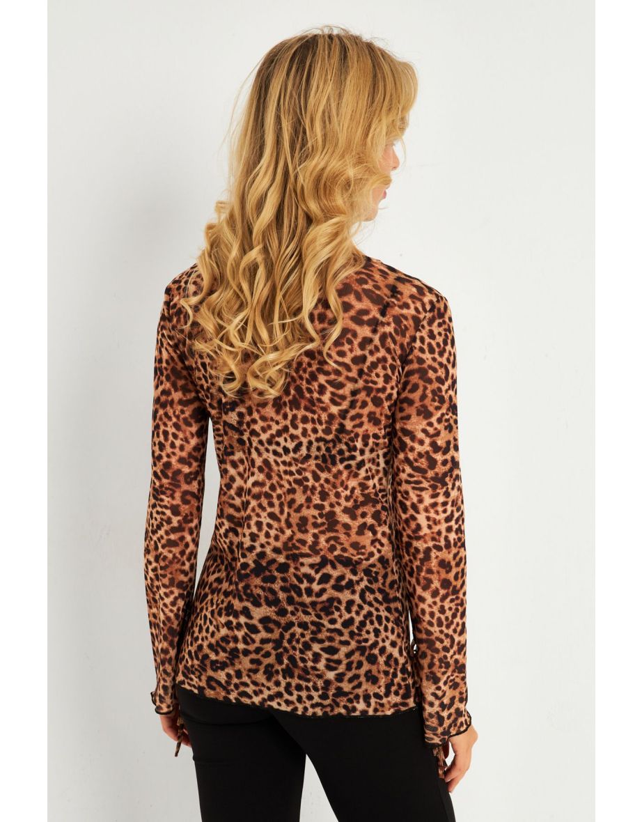 Women's Camel-Black Leopard Patterned Tulle Blouse - 8