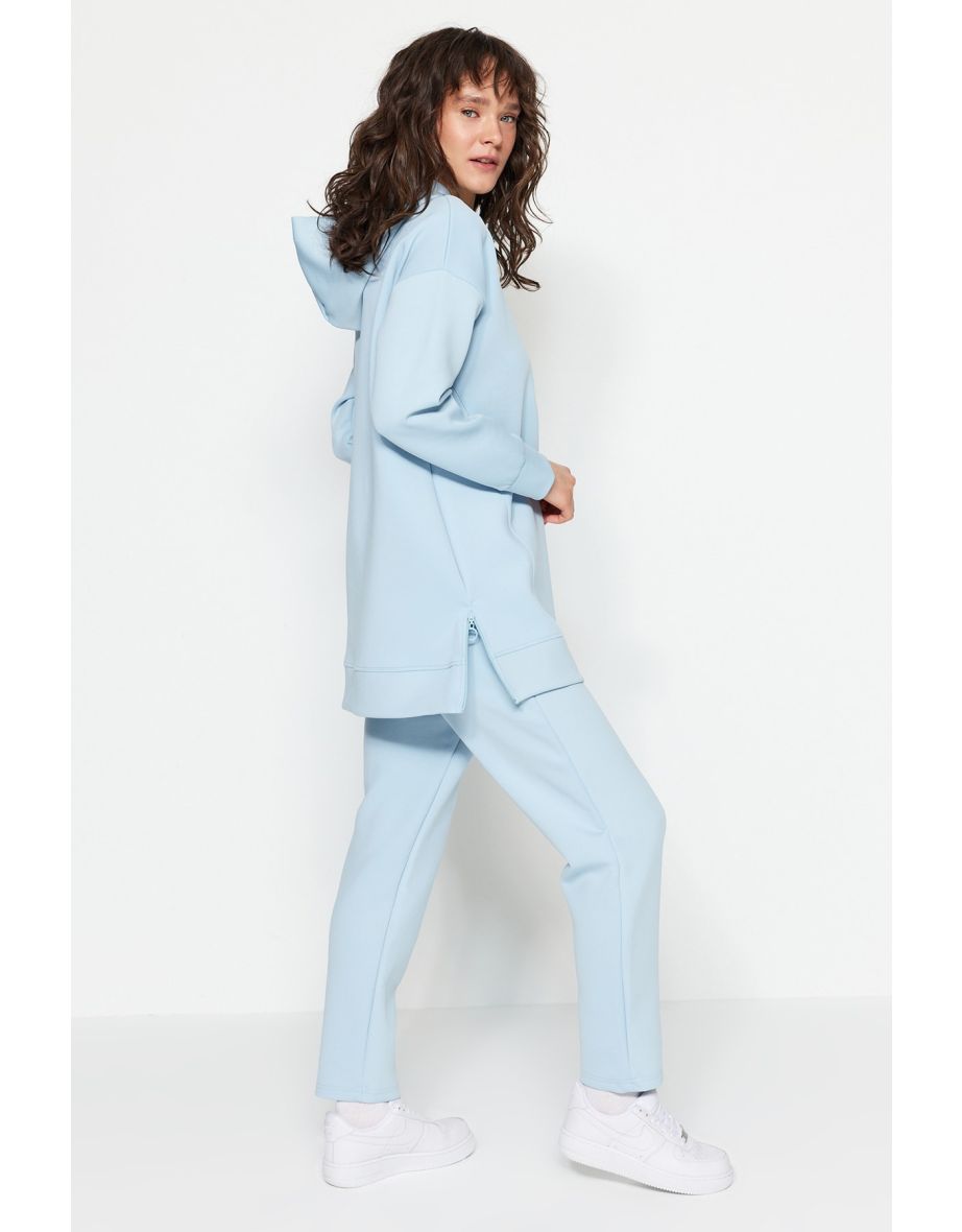 Light Blue Knitted Scuba Hem Zipper Detailed Tracksuit Set