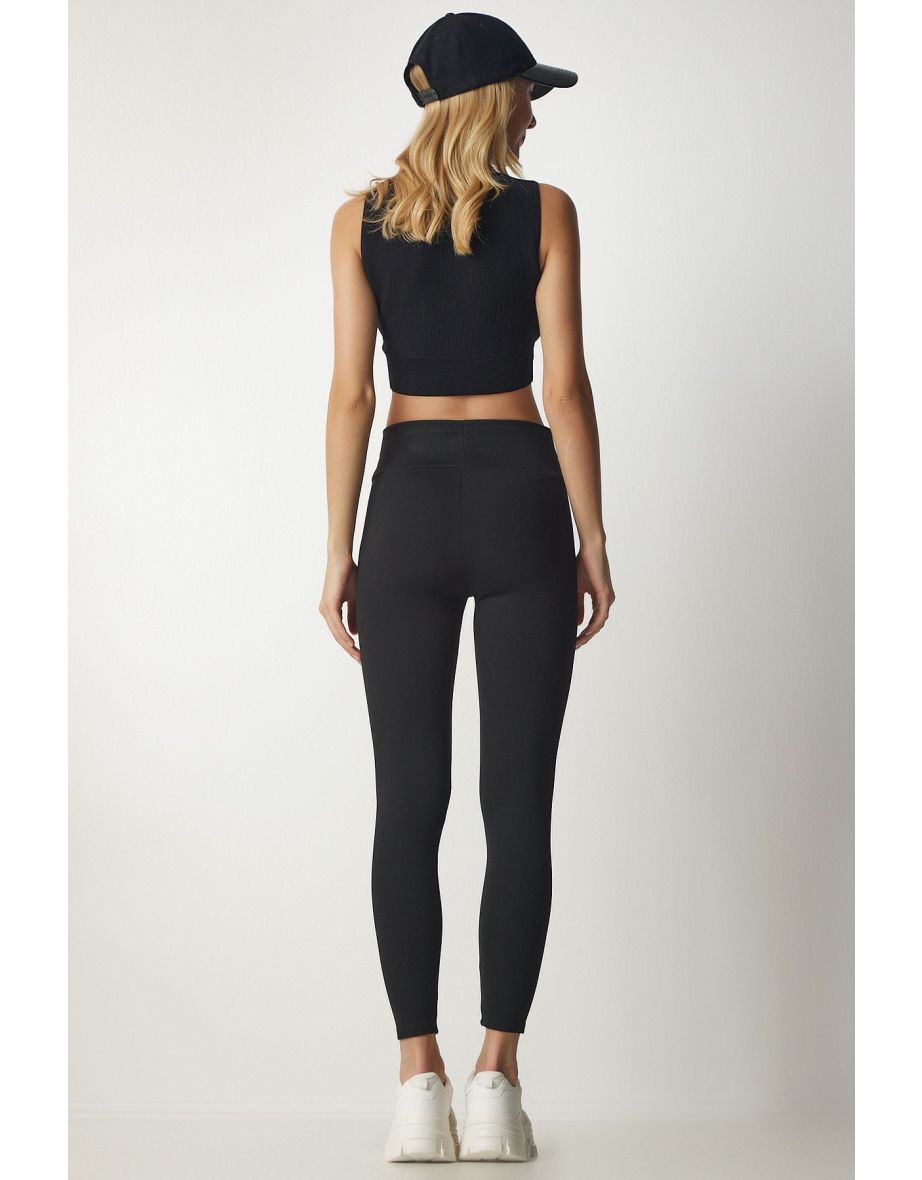 Women's Black High Waist Tights, Thick Knitted Leggings ub00140 - 5