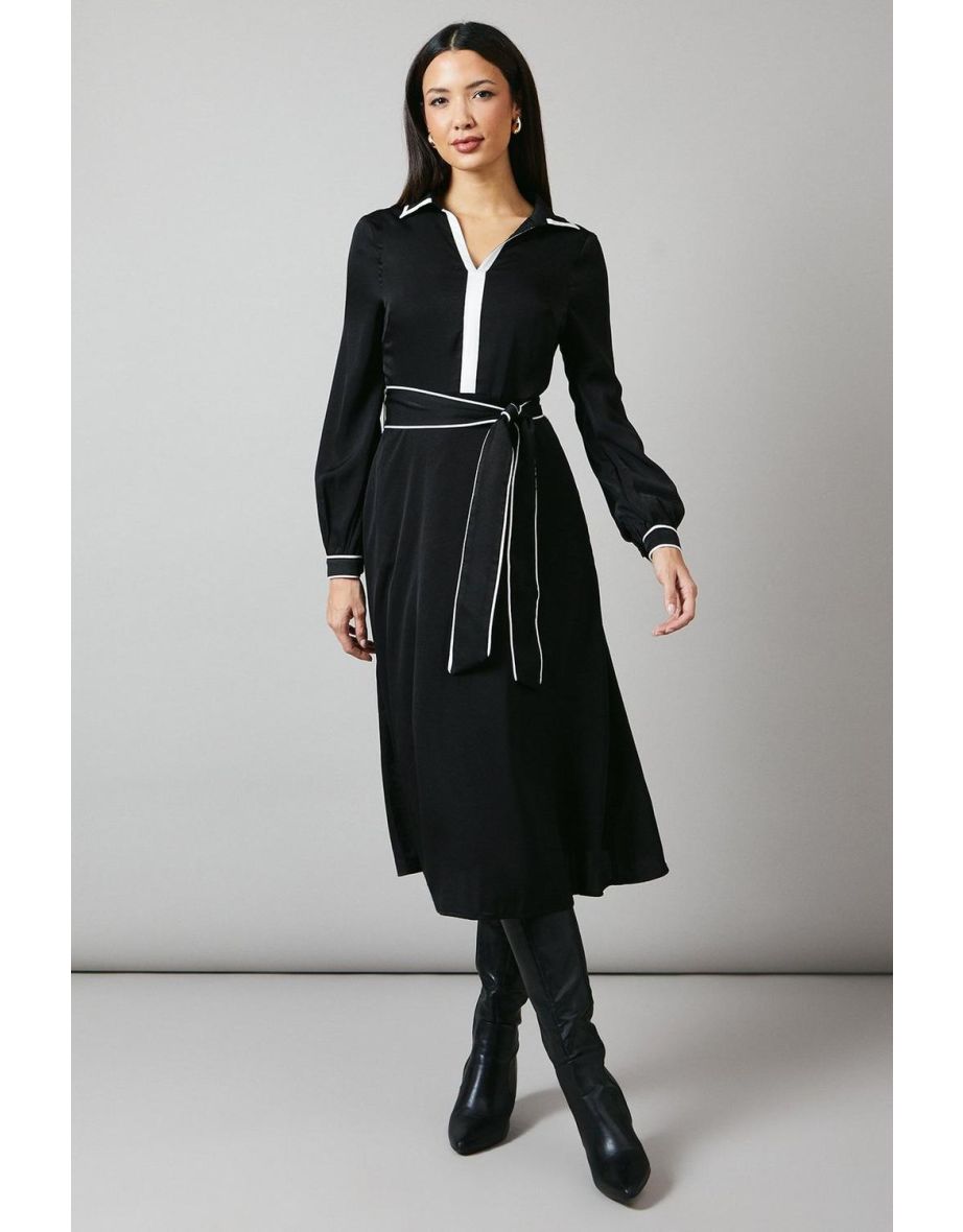 Mono Contrast Detail Collared Midi Dress