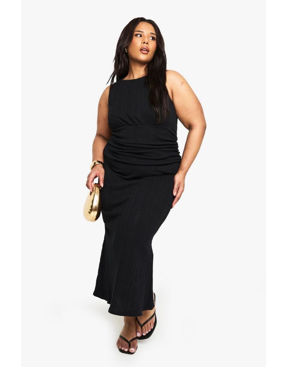 Plus Cotton Rib Ruched Column Midaxi Dress - black