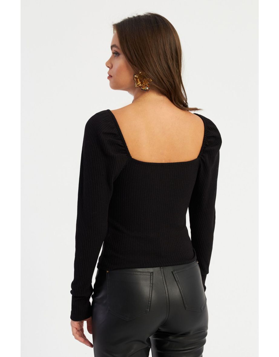 Women's Black Balloon Sleeve Blouse - 4