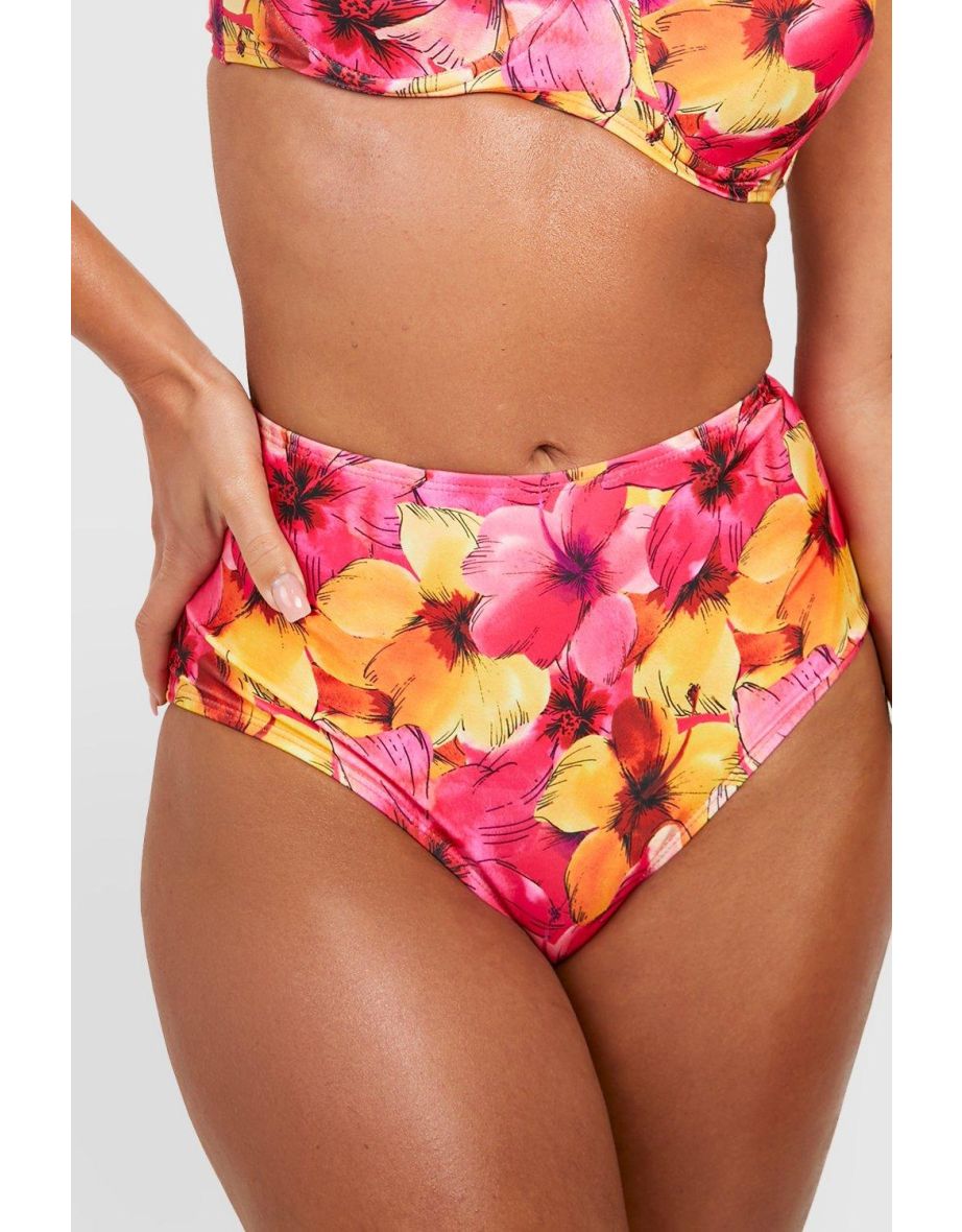 Tropical High Waisted Bikini Brief - pink - 1