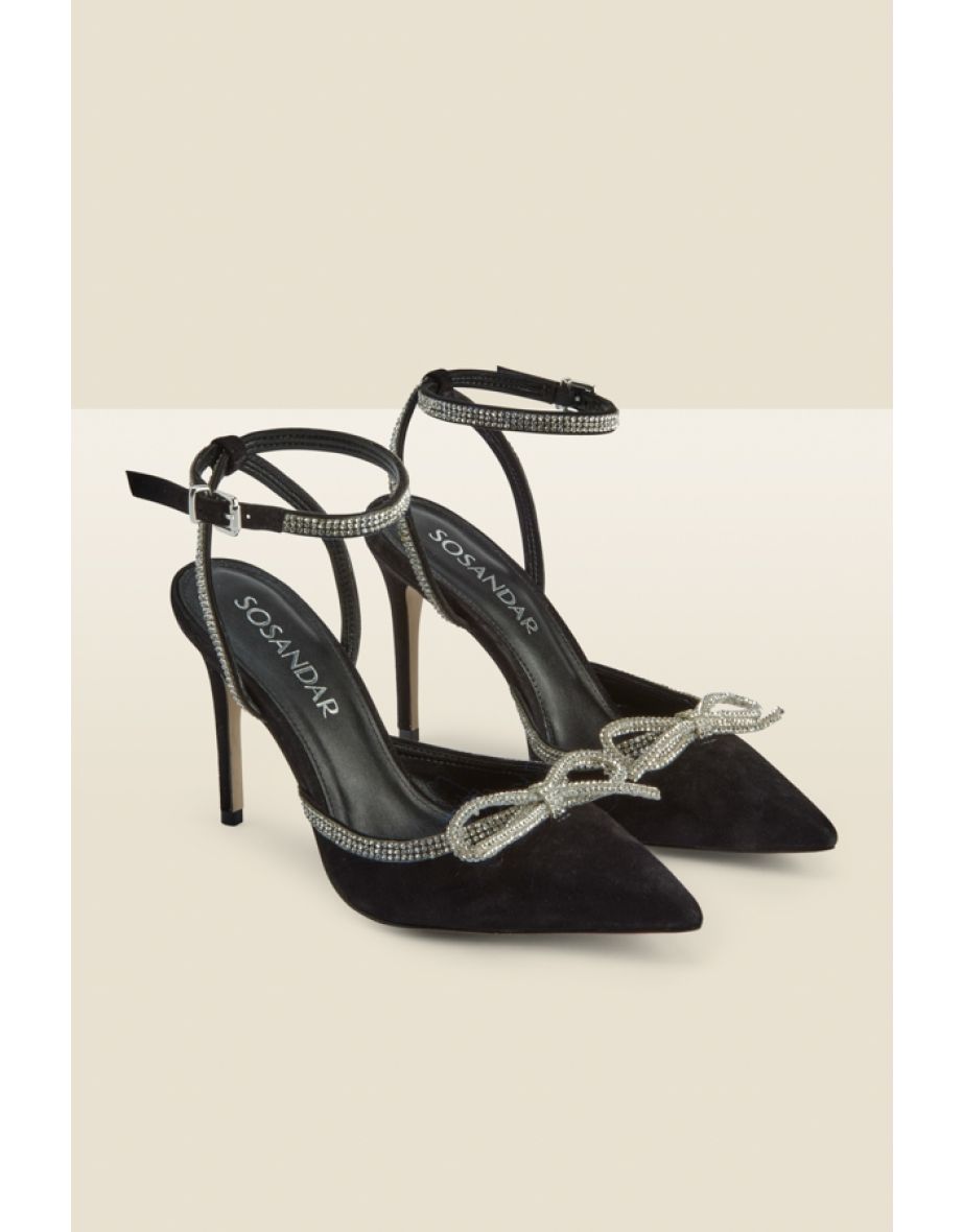 Black Suede Diamante Bow Trim Ankle Strap Court Shoe