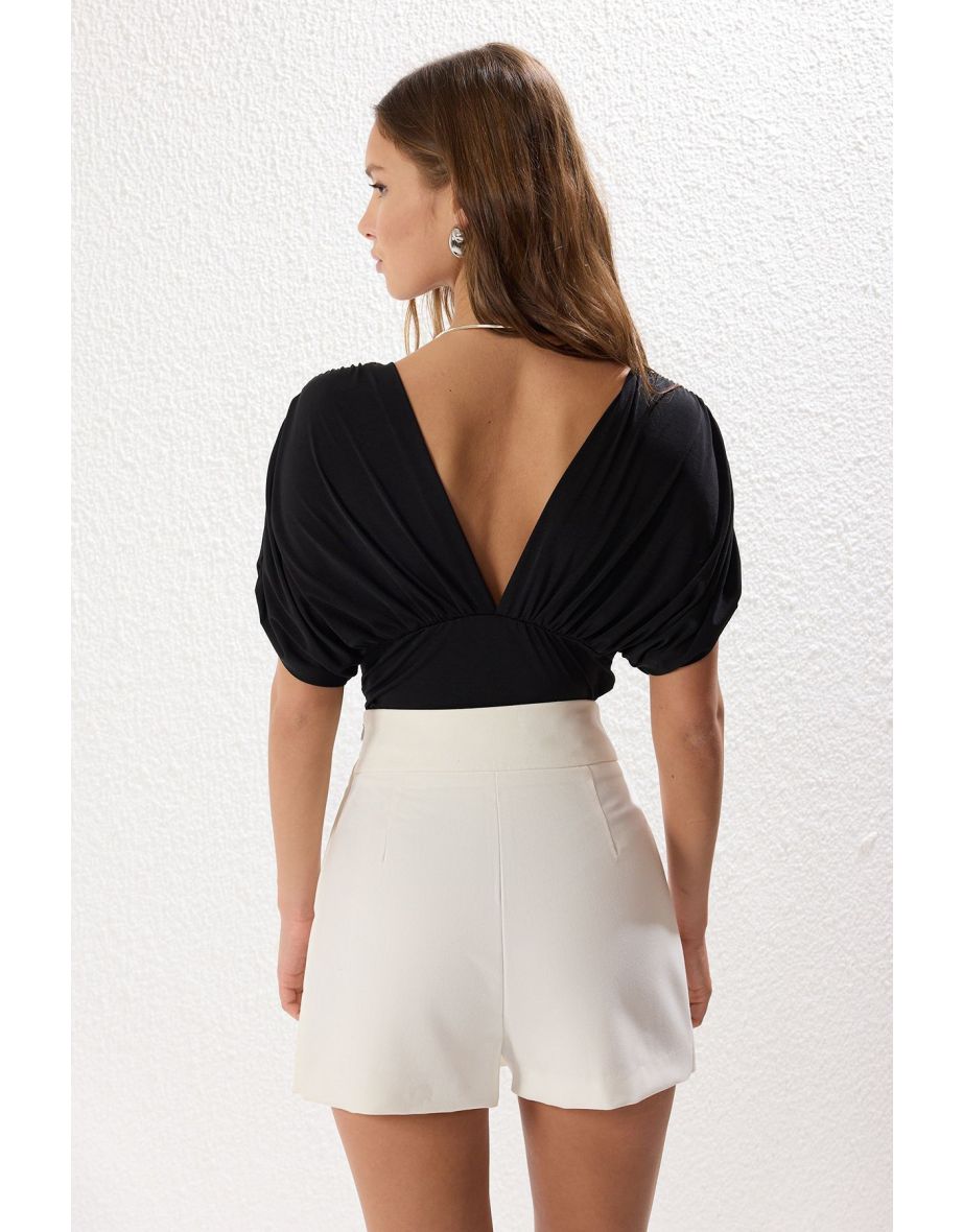 Black Flounce Plain Knitted Bodysuit - 4