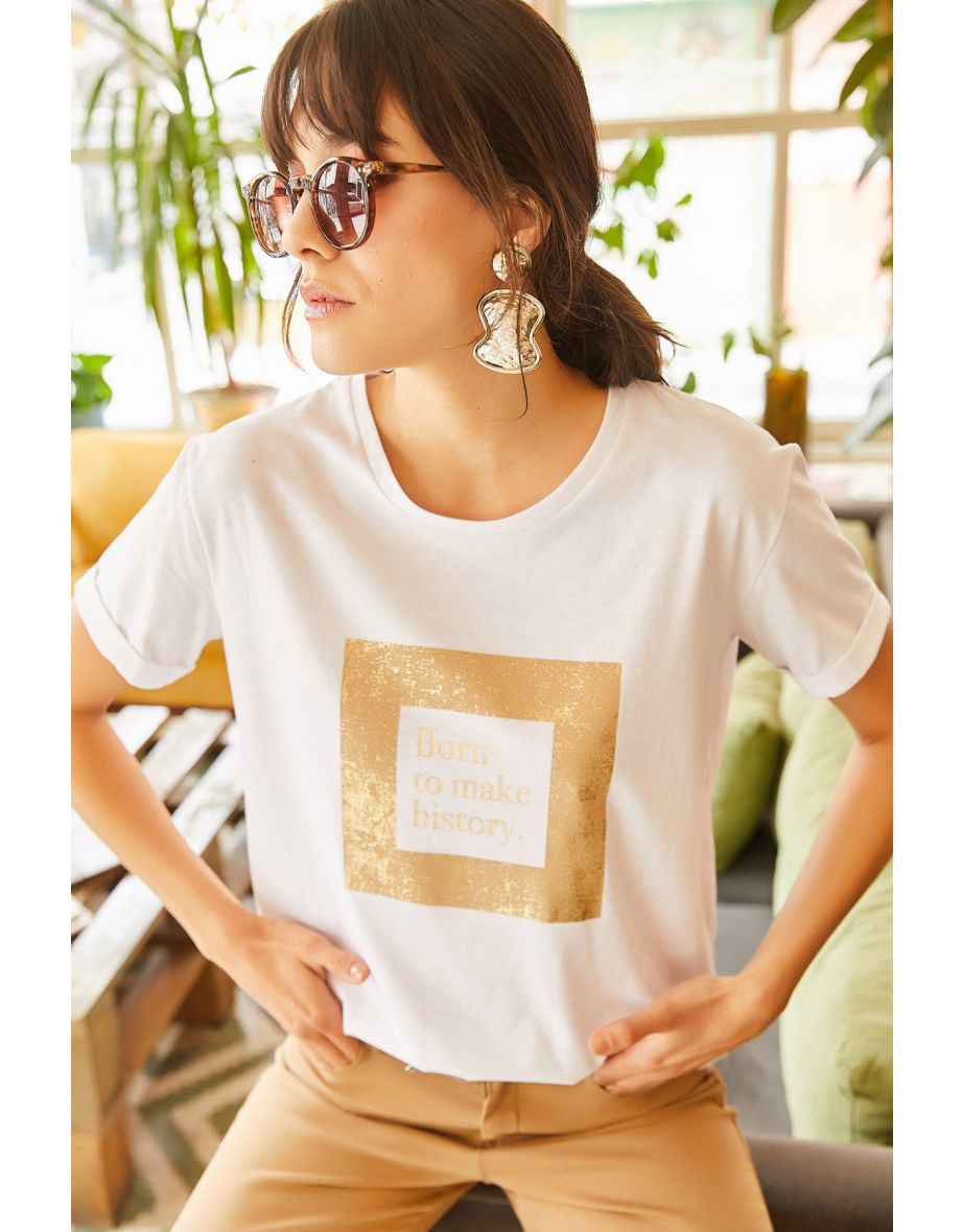 Women's White Glitter Detailed T-shirt