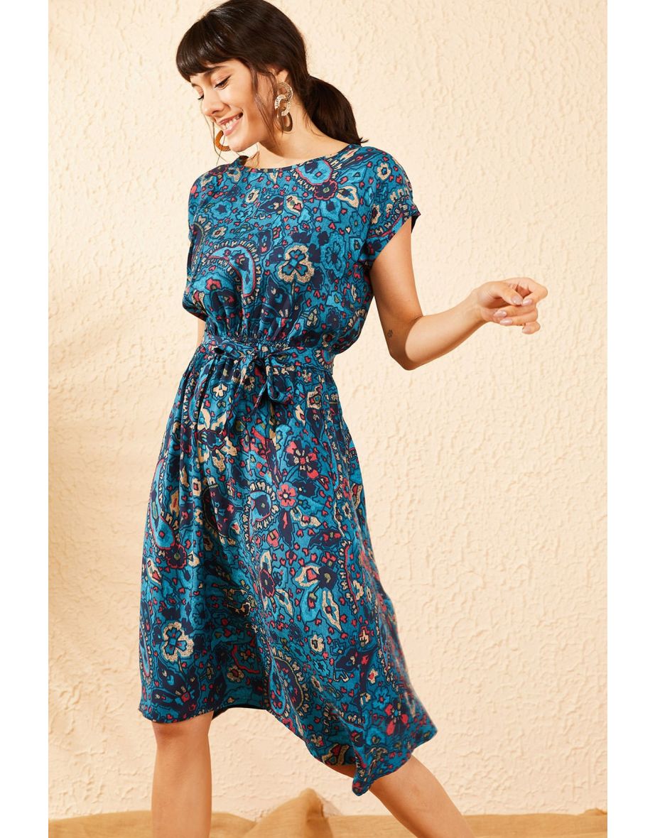 Women's Blue Short Sleeve Ethnic Pattern Elastic Waist  Length Dress - 5