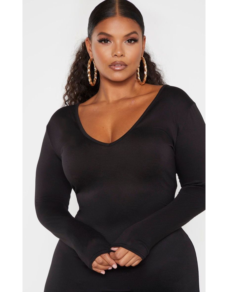 Plus Black Jersey V Neck Long Sleeve Midi Dress - 4
