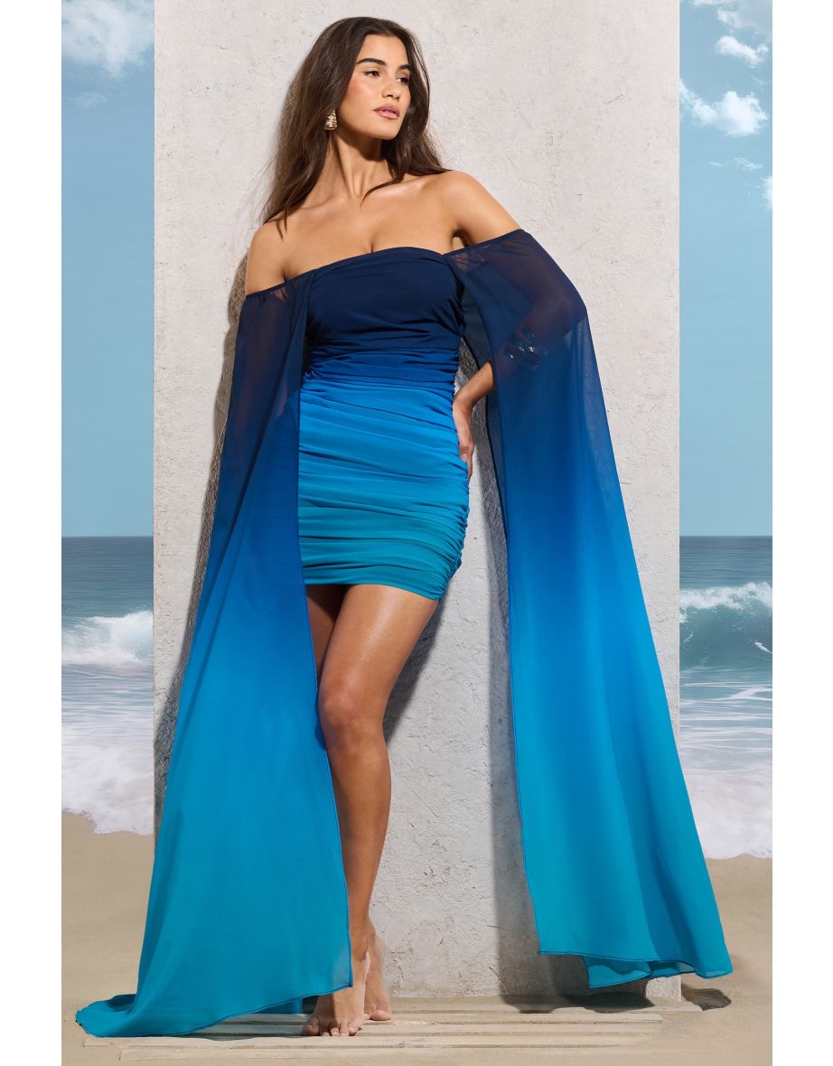 In The Deep | Blue Ombre Strapless Mini Dress With Cape Sleeves - 4