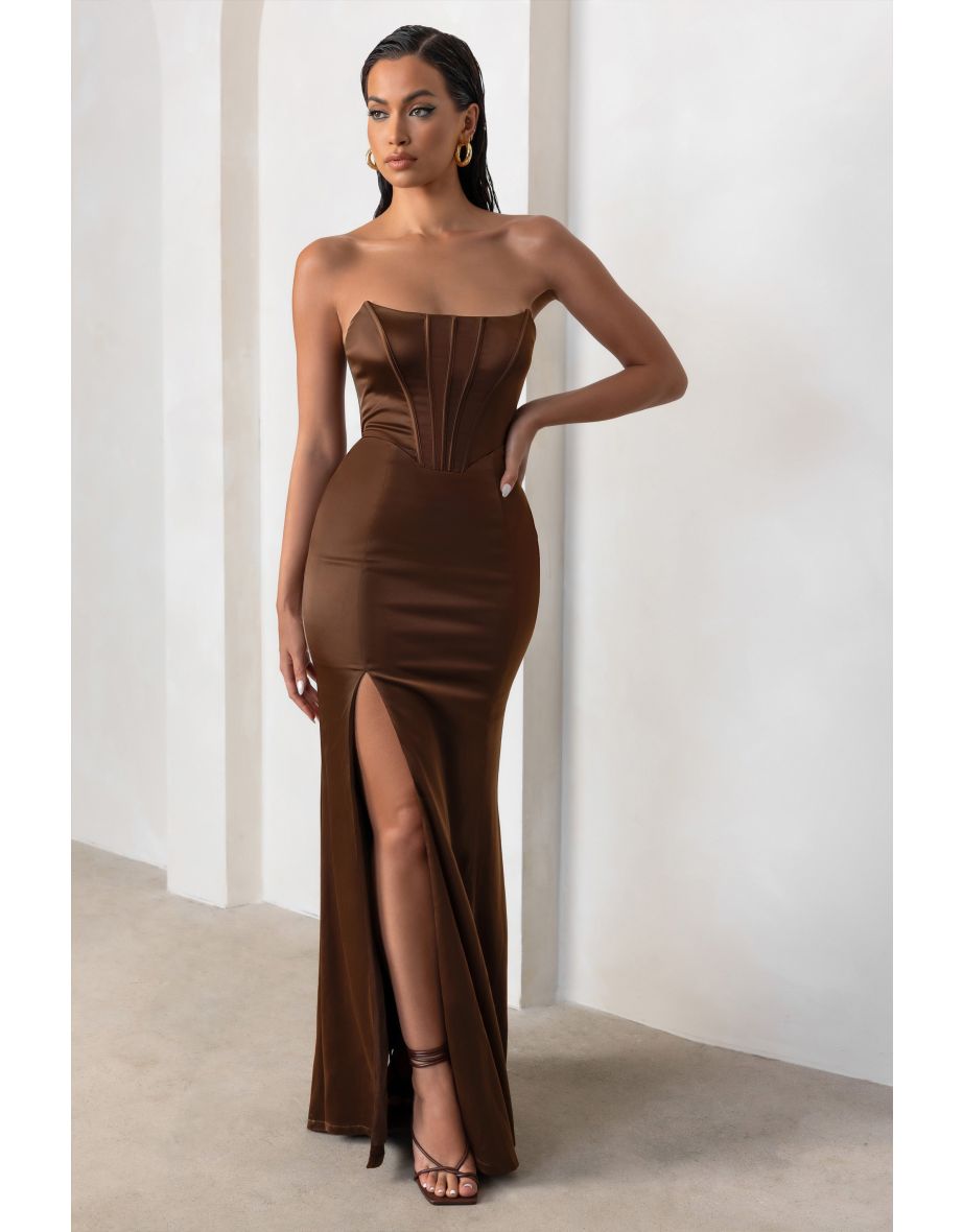 Sensual Notes | Chocolate Brown Satin Strapless Corset Thigh Split Maxi Dress - 4