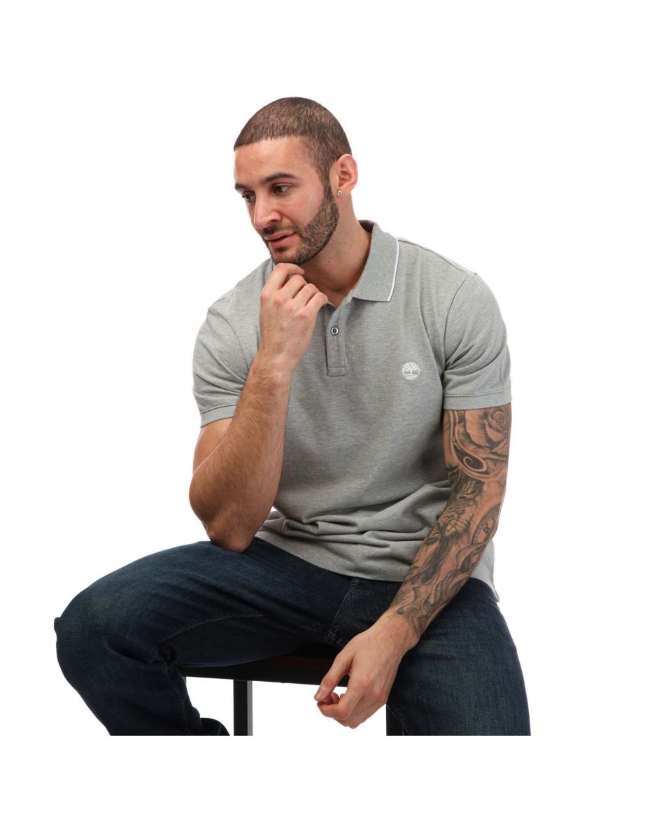 Men's Timberland Printed Neck Polo Shirt in Grey - 3