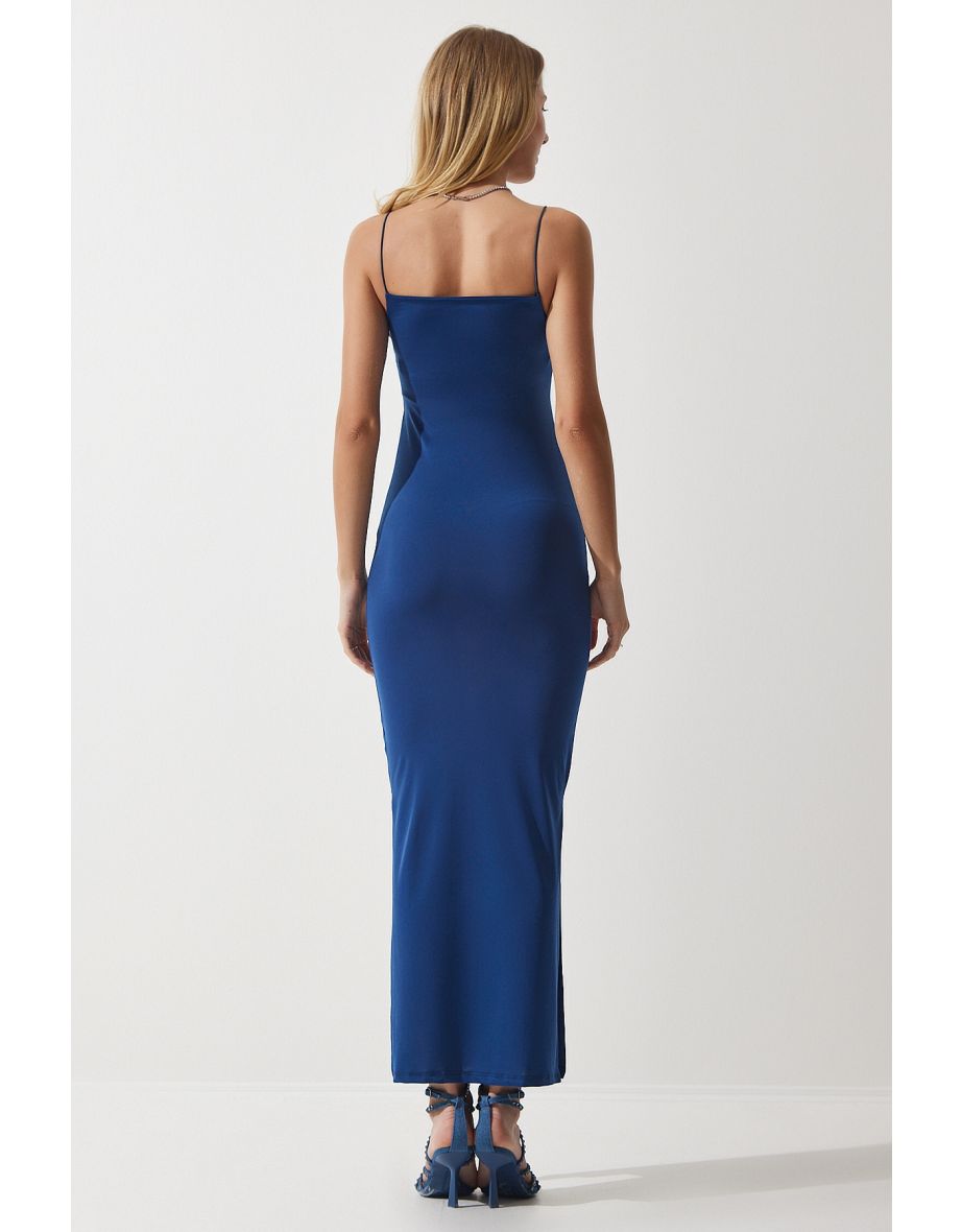 Women's Blue Rope Strap Slit Wrap Sandy Dress - 5