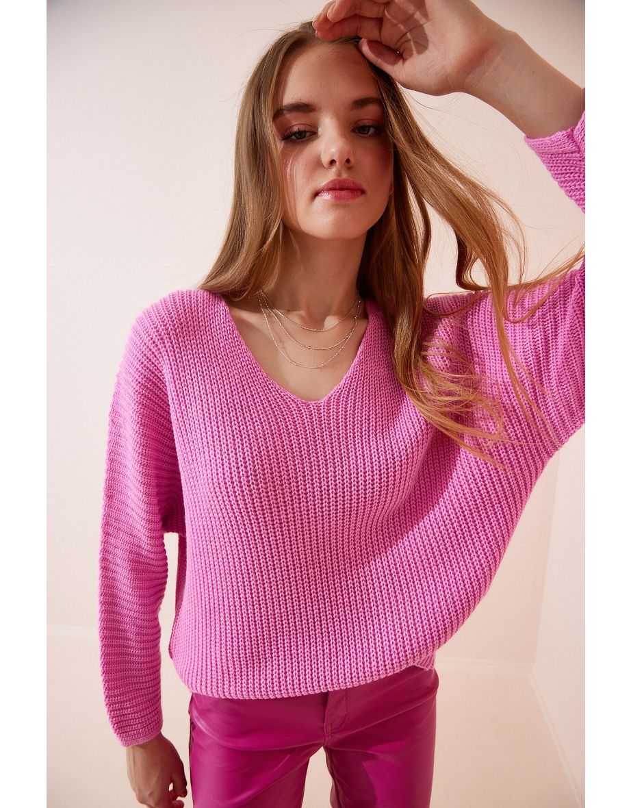 Women's Pink V-Neck Thessaloniki Knit Oversize Knitwear Sweater