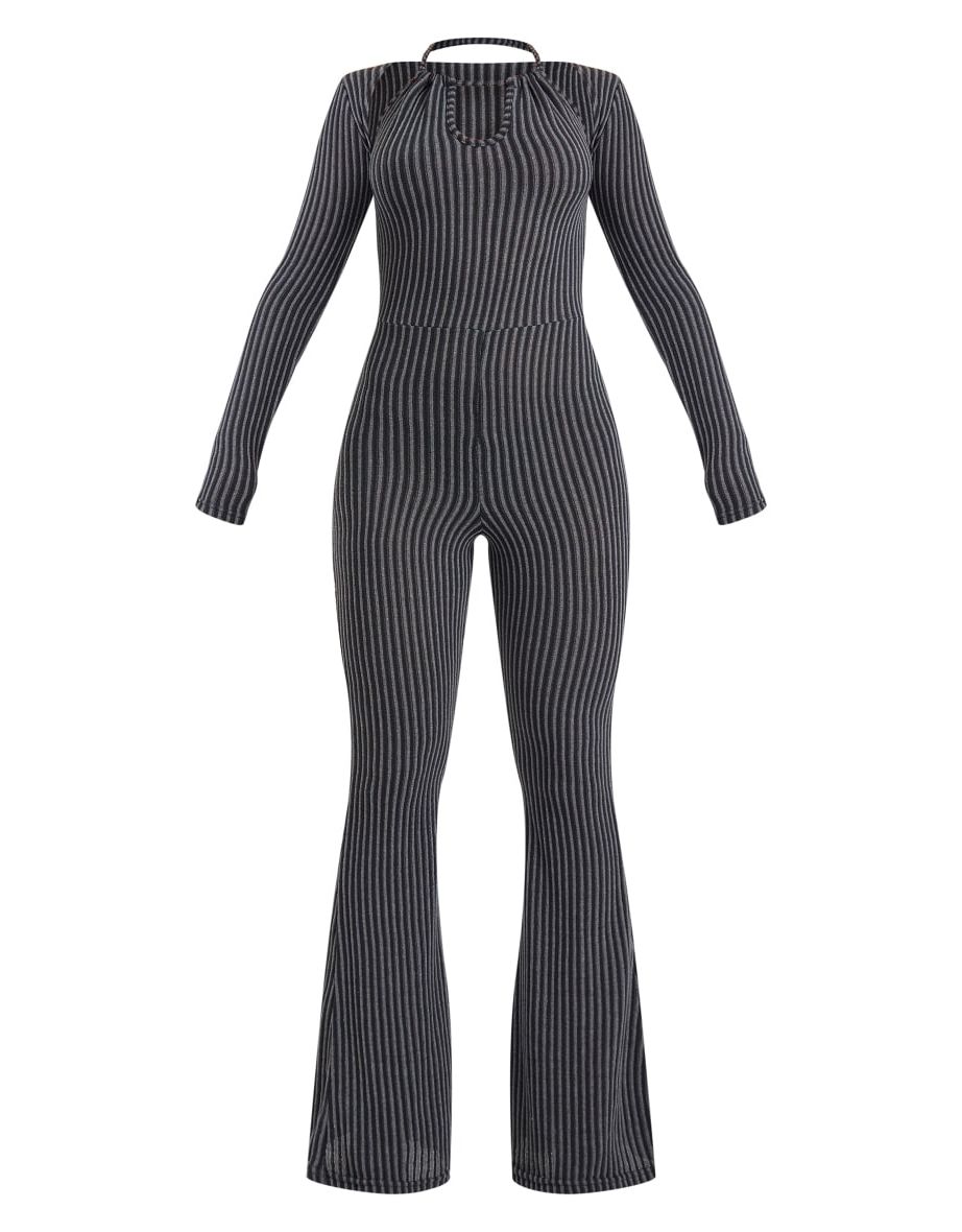 Charcoal Two Tone Halterneck Detail Flare Leg Jumpsuit - 4
