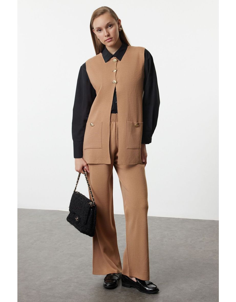 Camel Button Detailed Knitwear Vest Trousers Bottom-Top Set