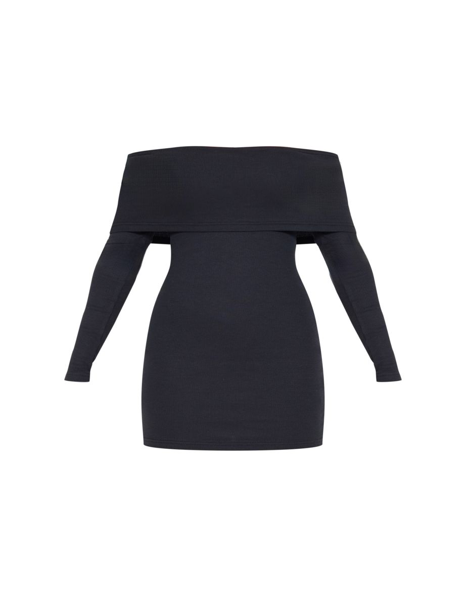 Black Rib Foldover Bardot Bodycon Dress - 4
