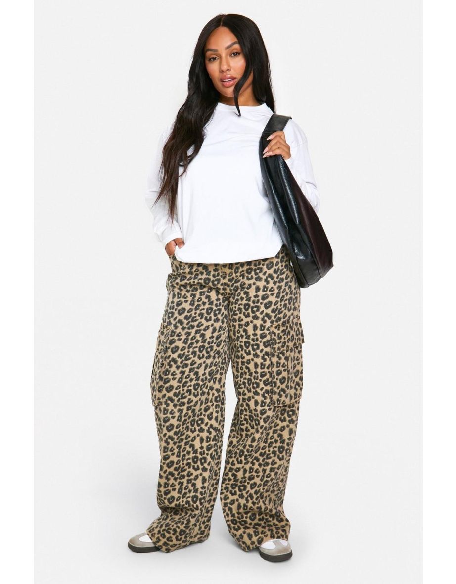 Plus Leopard Print Cargo Jeans - leopard