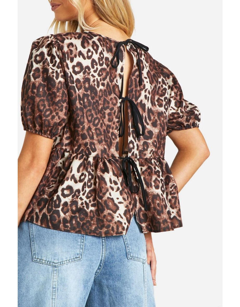 Leopard Puff Sleeve Tie Back Blouse - 3