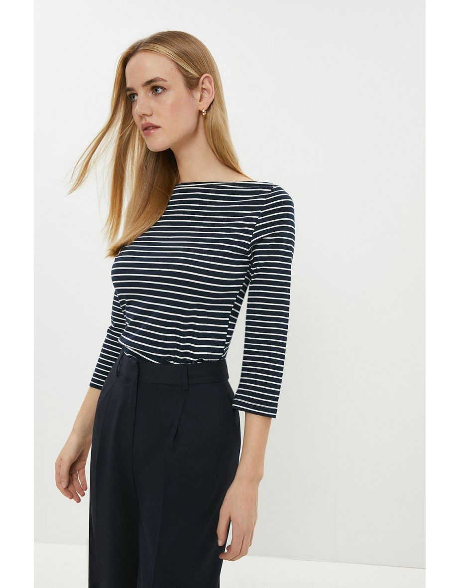 Stripe Slash Neck 3/4 Length T-shirt
